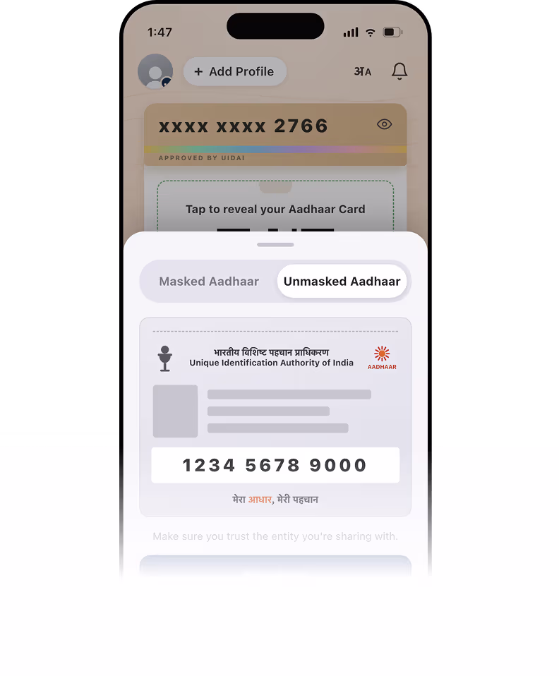 The Masked / Unmasked Aadhaar selector with Unmasked Aadhaar selected