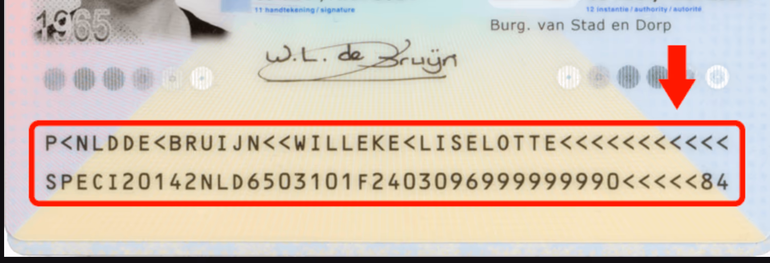 Specimen identity document with the two-line machine readable zone highlighted