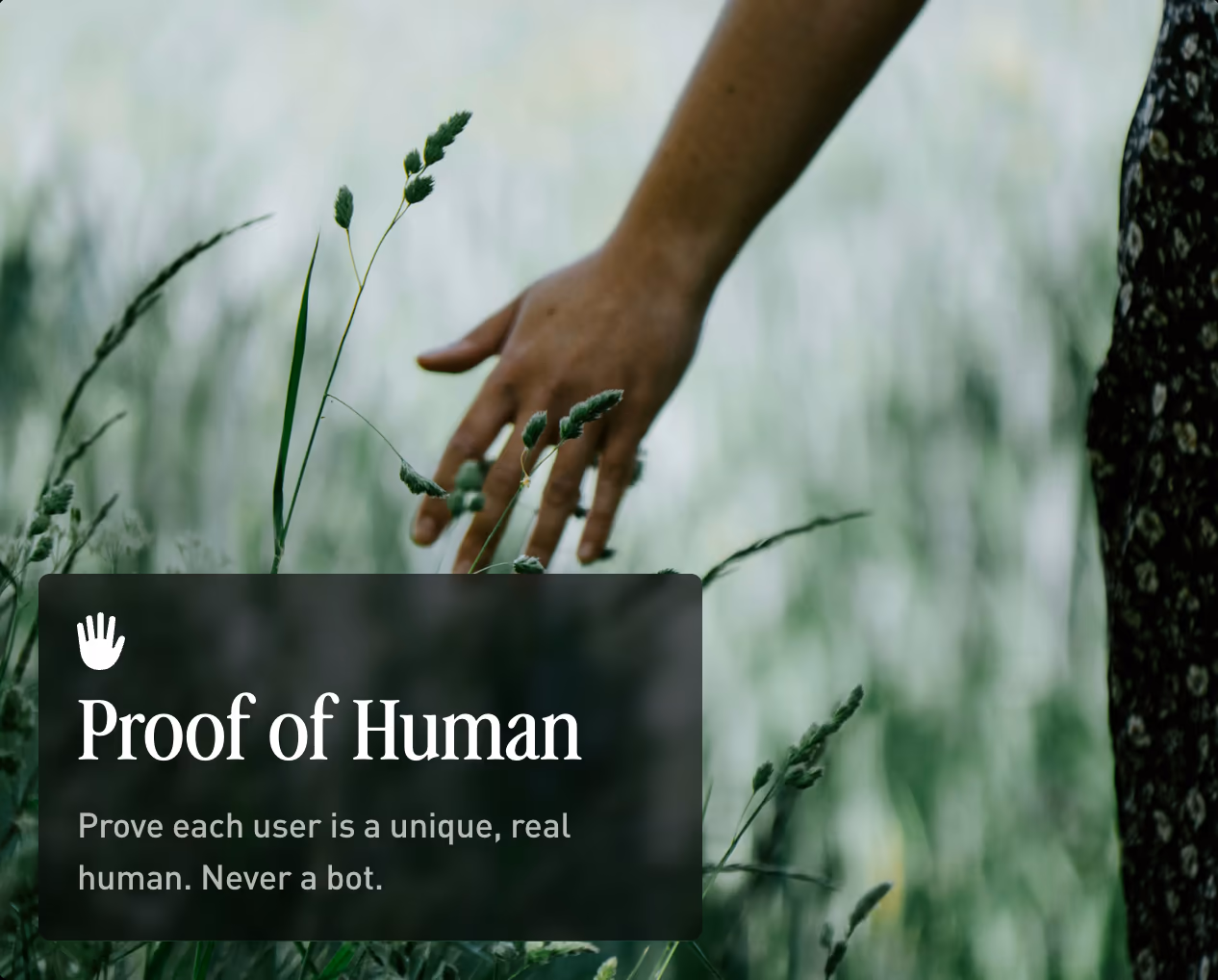 Proof of Human: prove each user is a unique, real human. Never a bot.